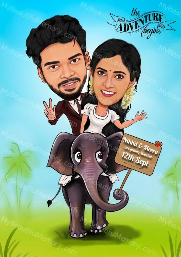 Elephant Indian Wedding Caricature Invitation c35